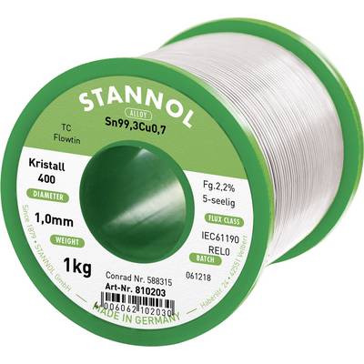 Étain en bobine à souder, 1 kg, Sn99,3Cu0,7, diamètre 1,0 mm, flux 2,2%, type : Cristal 400, adapté aux applications électroniques.