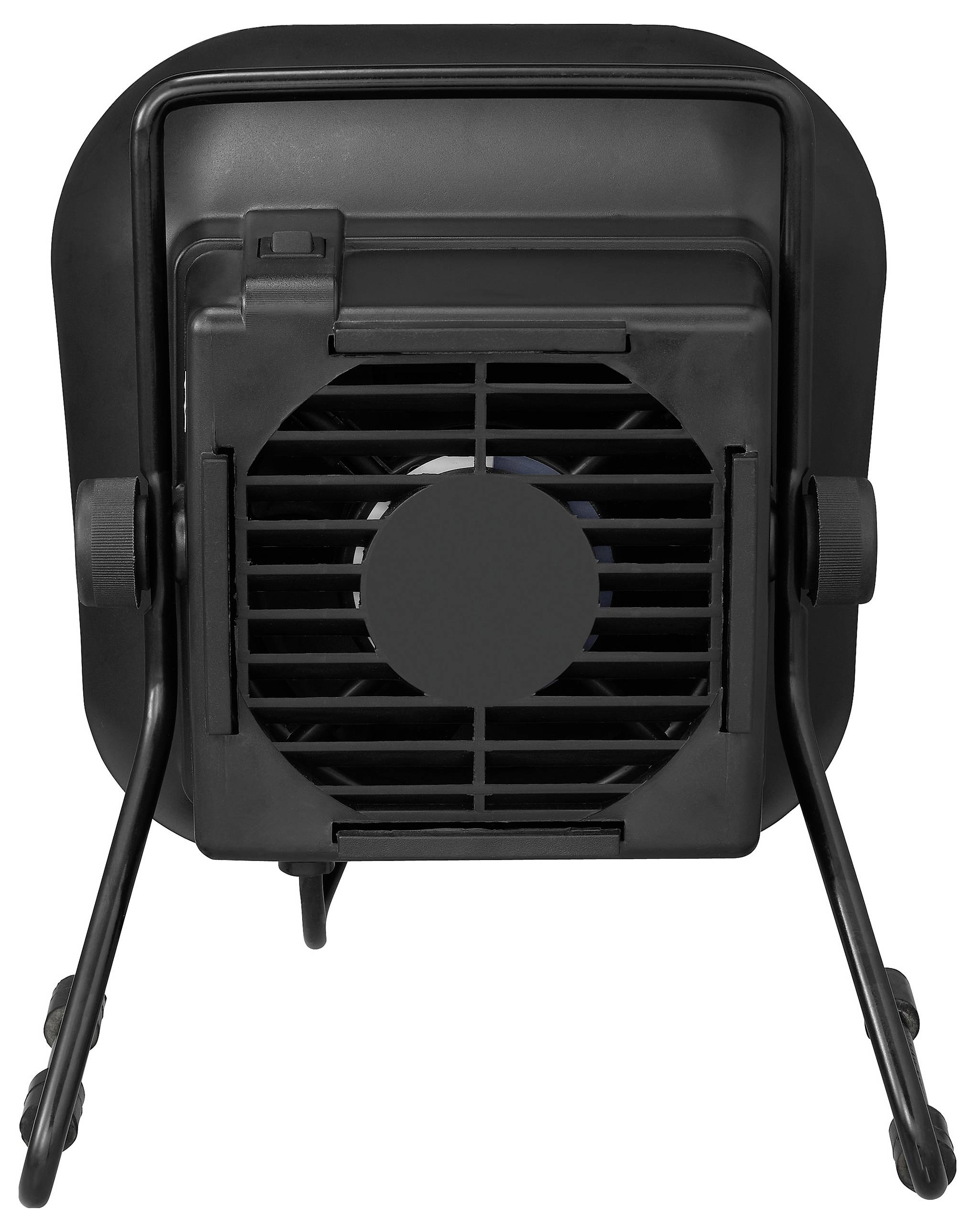 Un chauffage électrique noir vu de dos, avec le ventilateur et les supports de réglage d'inclinaison visibles.