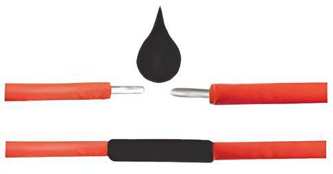 Un matériau thermorétractable de connexion de câbles est présenté. En haut, deux extrémités de câbles rouges avec un tube noir et une goutte de colle. En bas, les câbles sont connectés entre eux.