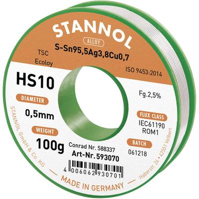 Un rouleau de soudure de la marque Stannol, alliage S-Sn95,5Ag3,8Cu0,7, diamètre 0,5 mm, poids 100 g, classe de flux IEC61190 ROM1.