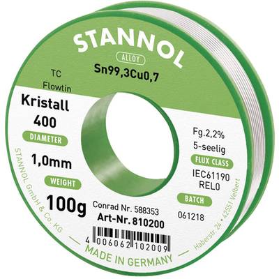 Rouleau de fil à souder de la marque 'Stannol' de 100g, diamètre de 1mm. Alliage : Sn99,3Cu0,7. Flux : 2,2%, Classe : RE L0. Fabriqué en Allemagne.