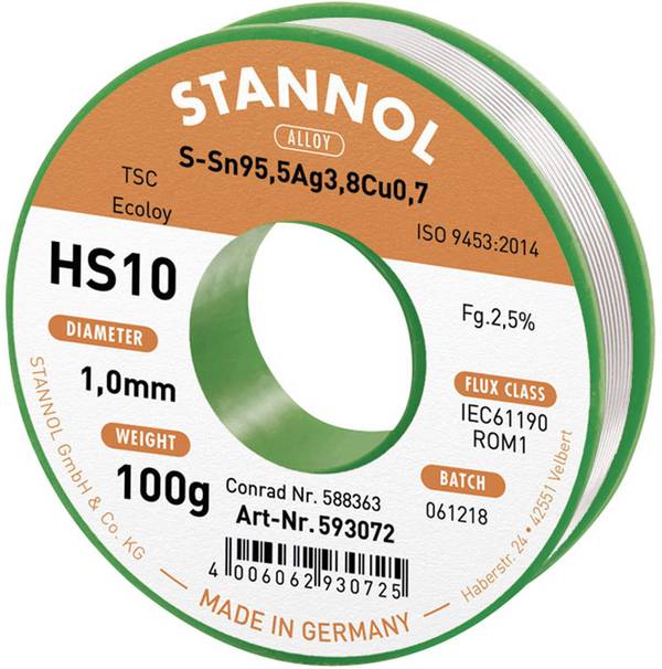 Stannol HS10 2510 Étain à souder sans plomb bobine Sn95,5Ag3,8Cu0,7 ROM1 100 g 1 mm