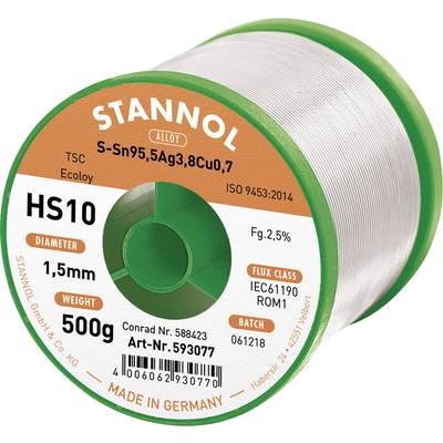Stannol HS10 2510 Étain à souder sans plomb bobine Sn95,5Ag3,8Cu0,7 ROM1 500 g 1.5 mm