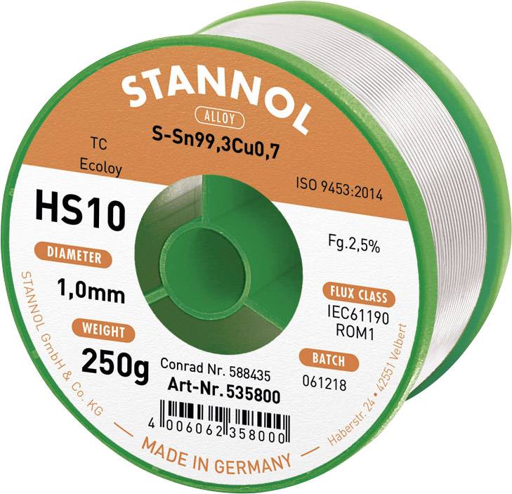Rouleau de fil à souder avec inscription 'Stannol', alliage S-Sn99,3Cu0,7, diamètre 1,0 mm, poids 250 g, classe de flux IEC61190 ROM1, fabriqué en Allemagne.