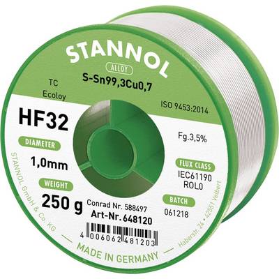 Rouleau de fil à souder Stannol, HF32, Ø1,0mm, Poids 250g, Sn99,3Cu0,7, Teneur en flux 3,5%. Adapté pour l'électronique, Fabriqué en Allemagne.