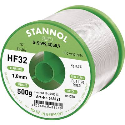 'Bobine de soudure Stannol, modèle HF32, diamètre 1,0 mm, 500 g, classe de flux selon IEC61190, fabriqué en Allemagne.'