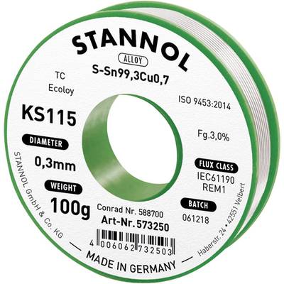 Bobine de soudure 'STANNOL' avec alliage S-Sn99,3Cu0,7. Diamètre 0,3 mm, poids 100 g. Classe de flux IEC61190 REM1. Fabriqué en Allemagne.
