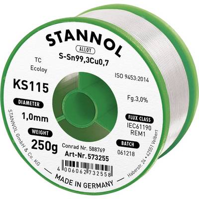 'Rouleau de soudure de la marque Stannol, alliage S-Sn99,3Cu0,7, diamètre 1,0 mm, poids 250 g, pour travaux de soudure, fabriqué en Allemagne.'