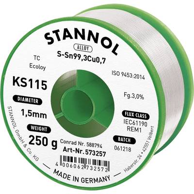 Bobine de soudure Stannol, modèle KS115, diamètre 1,5 mm, 250 g, alliage S-Sn99,3Cu0,7, fabriqué en Allemagne.