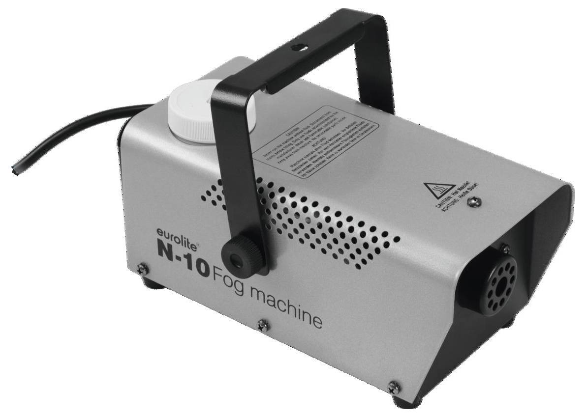 Une machine à fumée de marque 'Eurolite N-10' avec poignée noire et ouvertures de ventilation, adaptée aux effets de scène ou de fête.