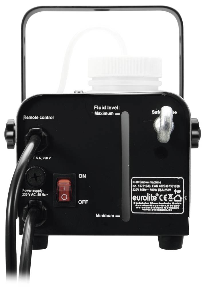 Arrière d'une machine à brouillard avec câble d'alimentation, positions d'interrupteur 'ON' et 'OFF', indicateur de niveau de liquide pour le maximum et le minimum.