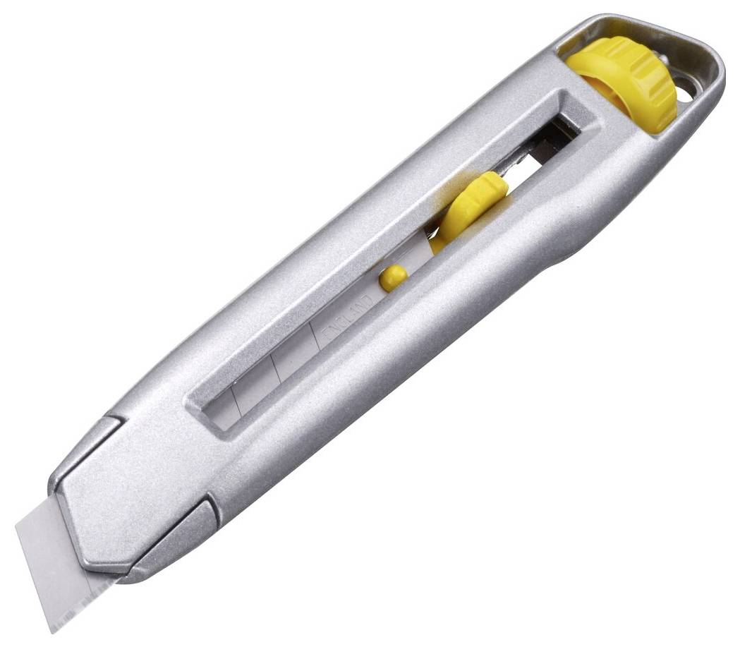 Un cutter argenté avec un curseur jaune et une lame, adapté pour couper le papier et le carton.