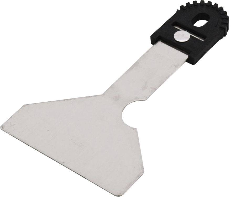 Une spatule métallique avec une poignée noire et une roue dentée à son extrémité.