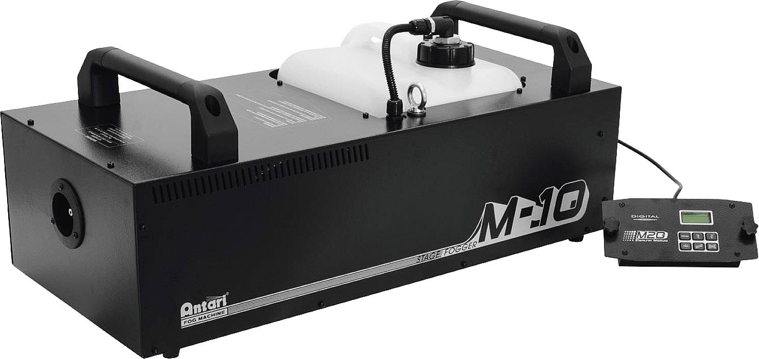 Machine à fumée avec boîtier noir et deux poignées. Un réservoir blanc se trouve en haut. À droite, un dispositif de commande avec un écran.