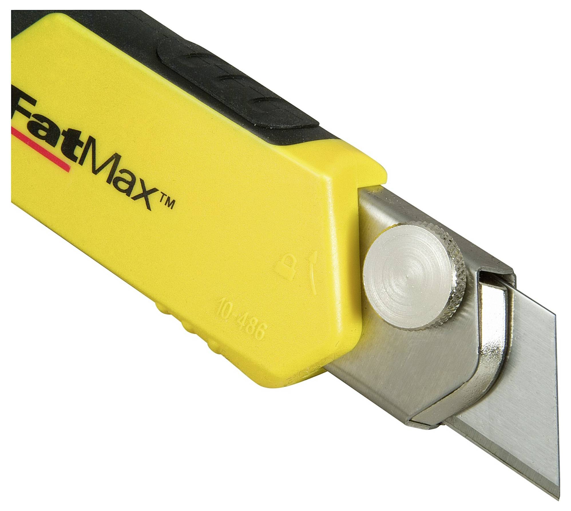 Un cutter jaune Stanley FatMax avec manche noir et lame sortie, adapté pour des coupes précises.