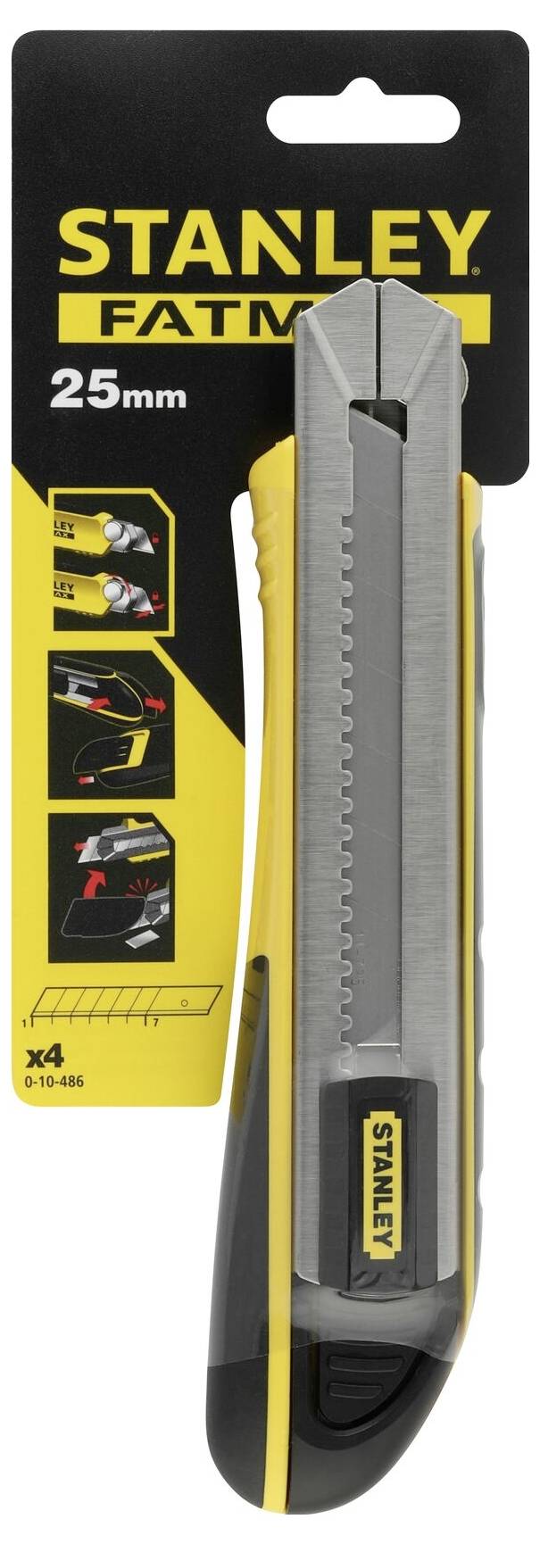 Couteau utilitaire Stanley FatMax jaune et noir avec lame de 25 mm, design antichute, indicateur de sécurité et lames interchangeables.