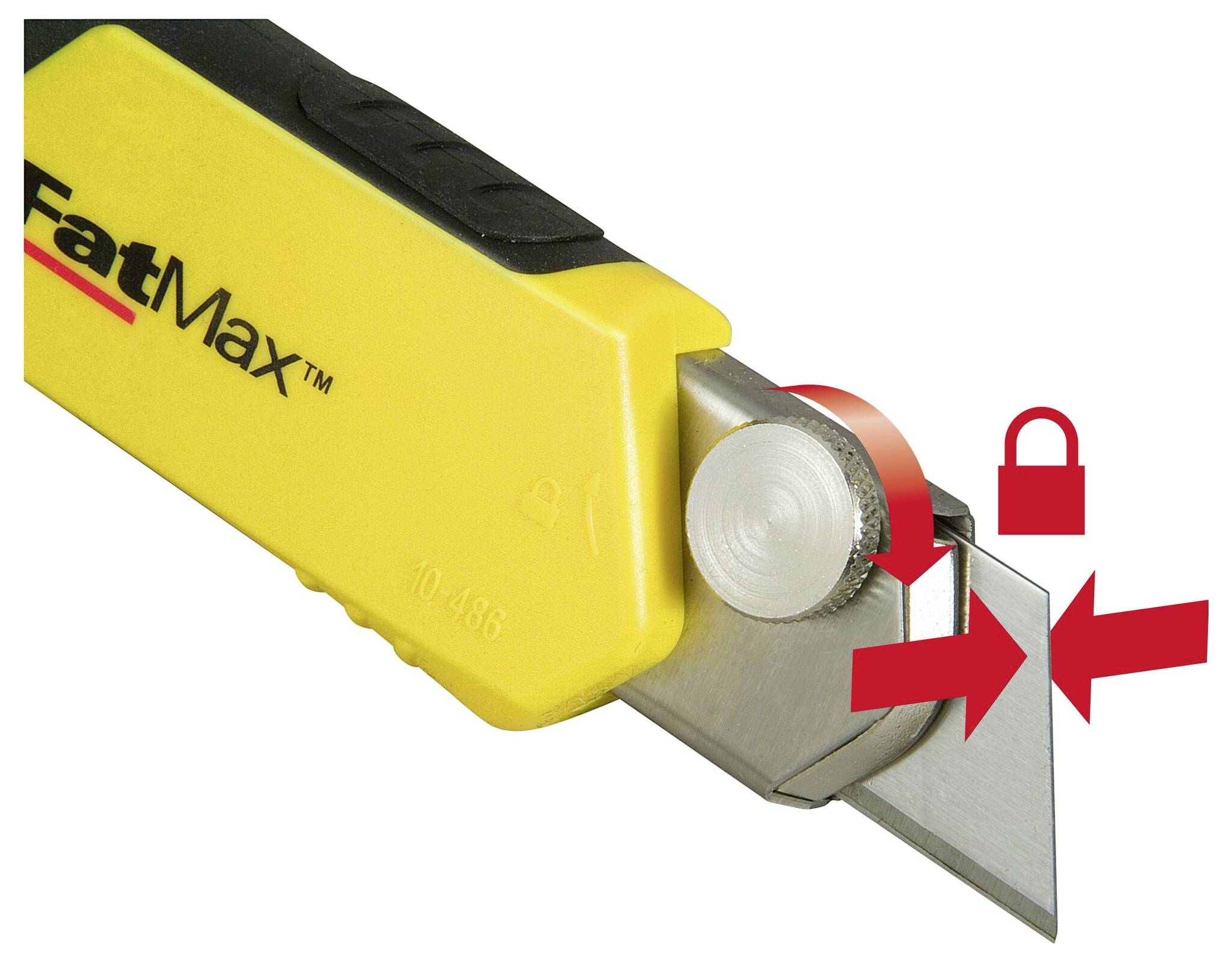 Un couteau universel jaune avec la lame sortie et des flèches rouges indiquant les caractéristiques de sécurité.