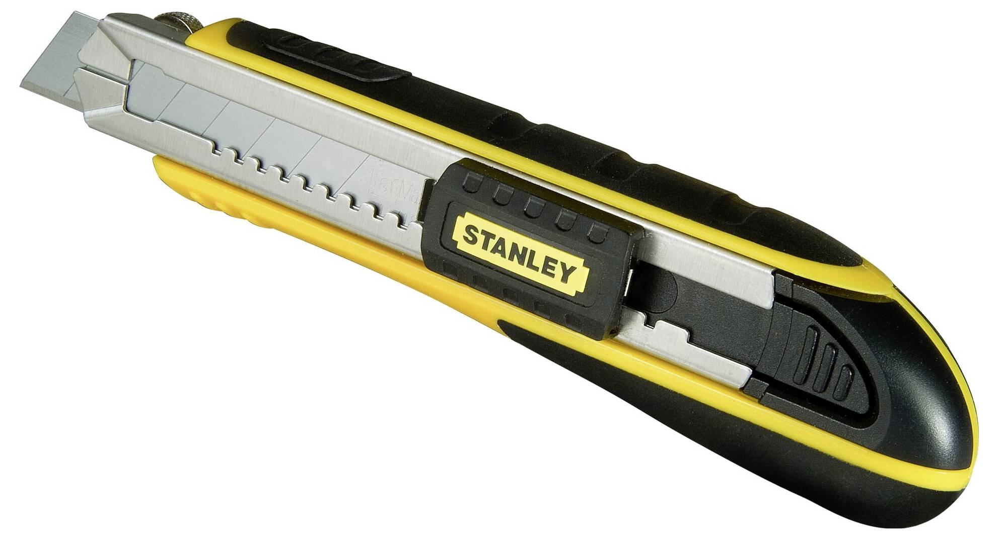 Un cutter Stanley jaune et noir avec lame rétractable et poignée ergonomique, adapté aux travaux de coupe précis.