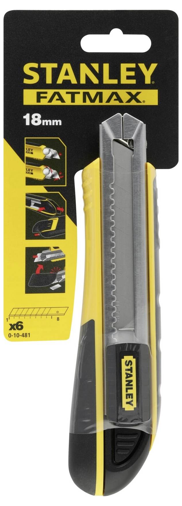 Couteau Stanley Fatmax à lame rétractable, 18 mm, en jaune et noir, présenté sur son emballage en carton, avec protège-lame et instructions de sécurité.