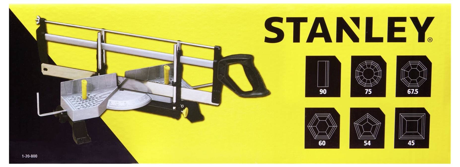 Une scie à onglets de Stanley avec plusieurs options d'angle de coupe : 90, 75, 67,5, 60, 54 et 45 degrés.