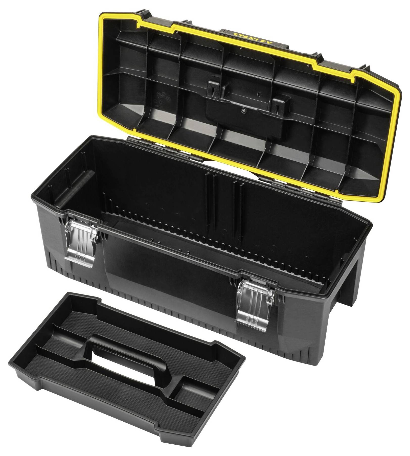 Boîte à outils noire ouverte avec un bord jaune et un compartiment amovible à l'intérieur. Robuste avec des fermoirs métalliques.