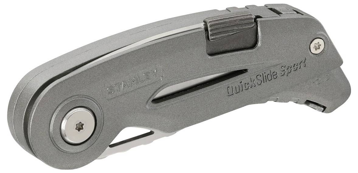 Couteau de poche gris pliable portant l'inscription 'QuickSlide Sport'.