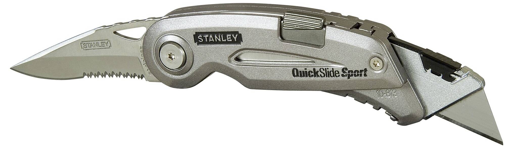 Couteau de poche pliant Stanley QuickSlide Sport avec lame crantée et mécanisme de sécurité.
