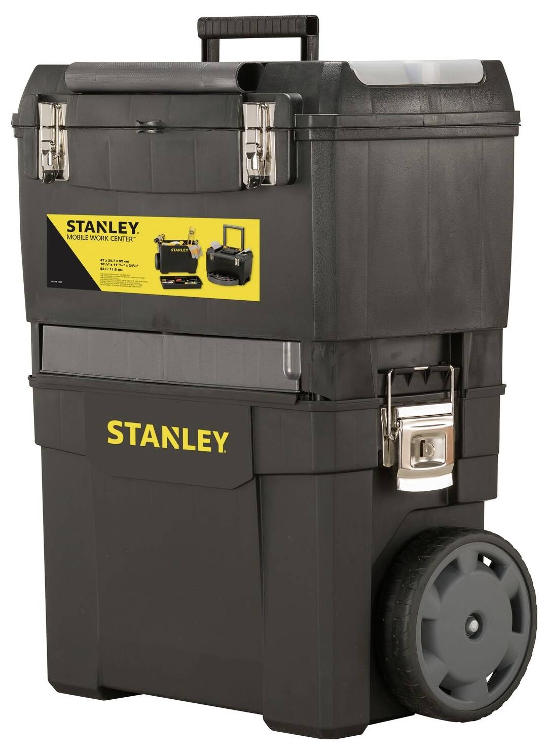 Boîte à outils noire avec roulettes et poignée, étiquette jaune clair portant l'inscription 'Stanley'.