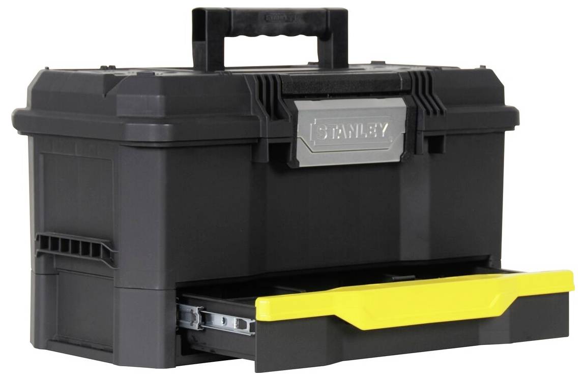 Une boîte à outils noire avec un tiroir jaune et une poignée de transport, de marque 'Stanley'.