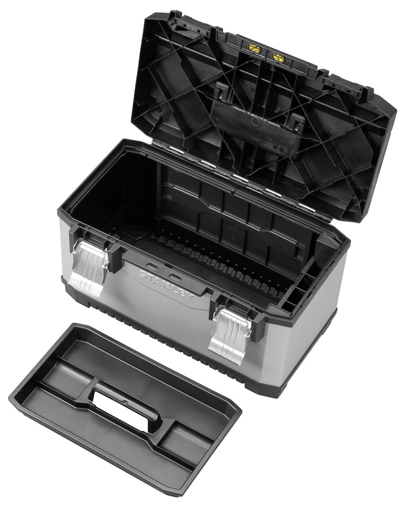 Boîte à outils ouverte avec plateau amovible noir, adaptée au rangement de divers outils et accessoires.