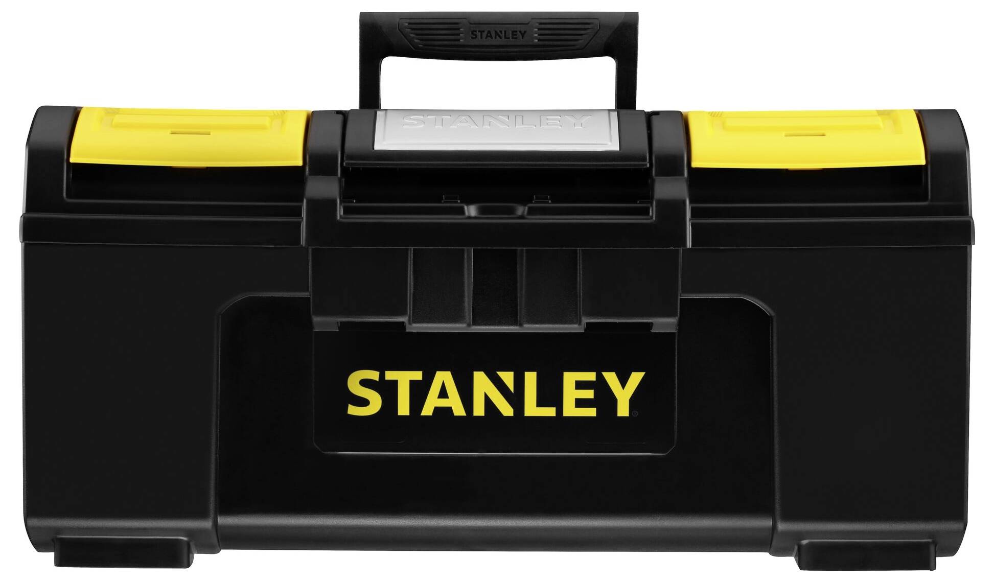 Boîte à outils noire avec des touches jaunes et l'inscription 'STANLEY' sur la face avant.