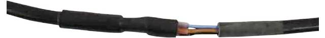 Un câble électrique dont l'isolation est endommagée, révélant les fils colorés dénudés à l'intérieur.