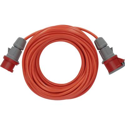 Câble de rallonge orange enroulé avec des connecteurs industriels gris et rouge aux deux extrémités.