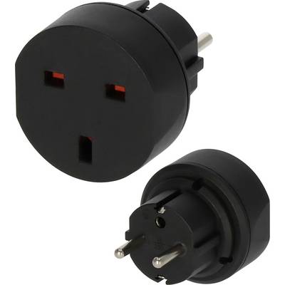 Adaptateur universel de voyage noir avec deux styles de fiches présentés, l'un ayant l'apparence d'une prise UK et l'autre avec des broches européennes.
