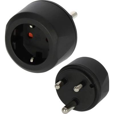 Adaptateur de voyage noir avec prise européenne et internationale et trois broches rondes, présenté sur fond blanc.
