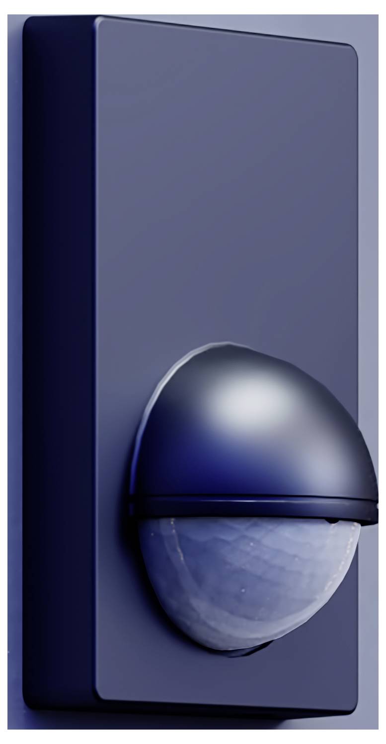 Capteur de mouvement mural bleu avec un dôme arrondi qui dépasse d'une plaque rectangulaire, probablement un détecteur de sécurité ou d'éclairage.