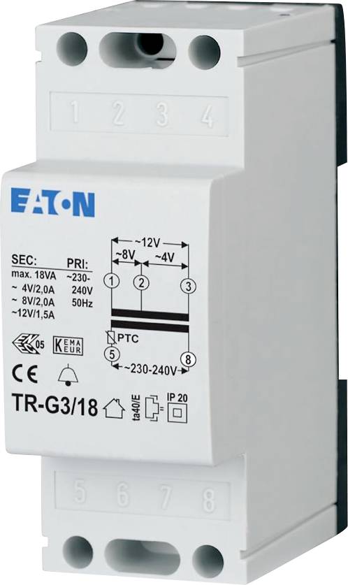 Transformateur électrique White Eaton TR-G3/18 avec tension indiquée et schéma de câblage sur la façade.