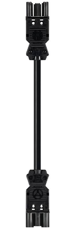 Un connecteur noir cylindrique avec des interfaces de connexion à chaque extrémité pour des applications électriques ou de transmission de données.