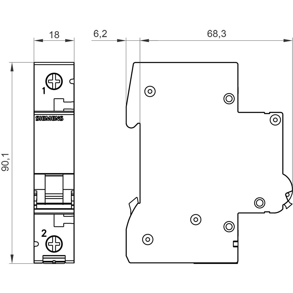 Dessin technique d'un composant électrique avec dimensions : largeur 18 mm, hauteur 90,1 mm, profondeur 68,3 mm. Présente les vues de face et de côté.