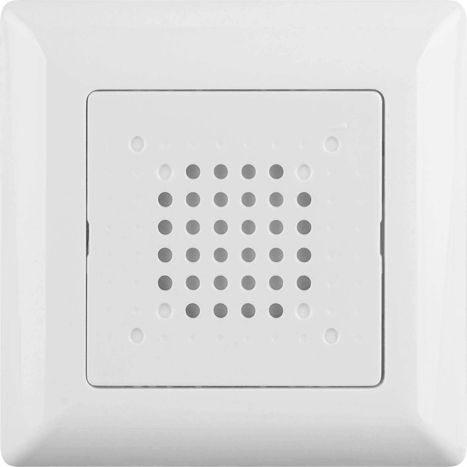 Grille de ventilation ou haut-parleur blanc montée sur le mur avec panneau central perforé sur un fond uni.