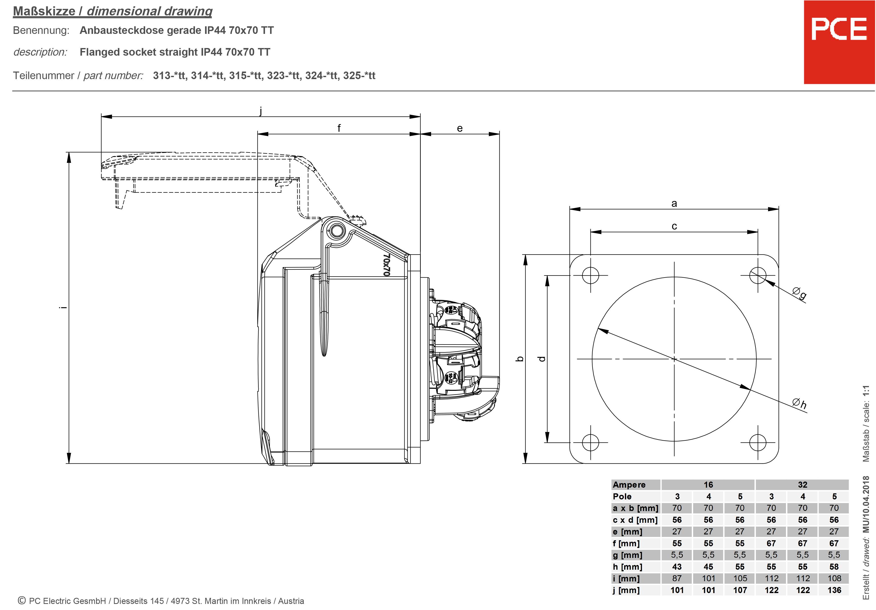 'Croquis coté d'une prise de courant en saillie droite IP44' présente une vue de côté et de dessus avec des dimensions précises en millimètres.