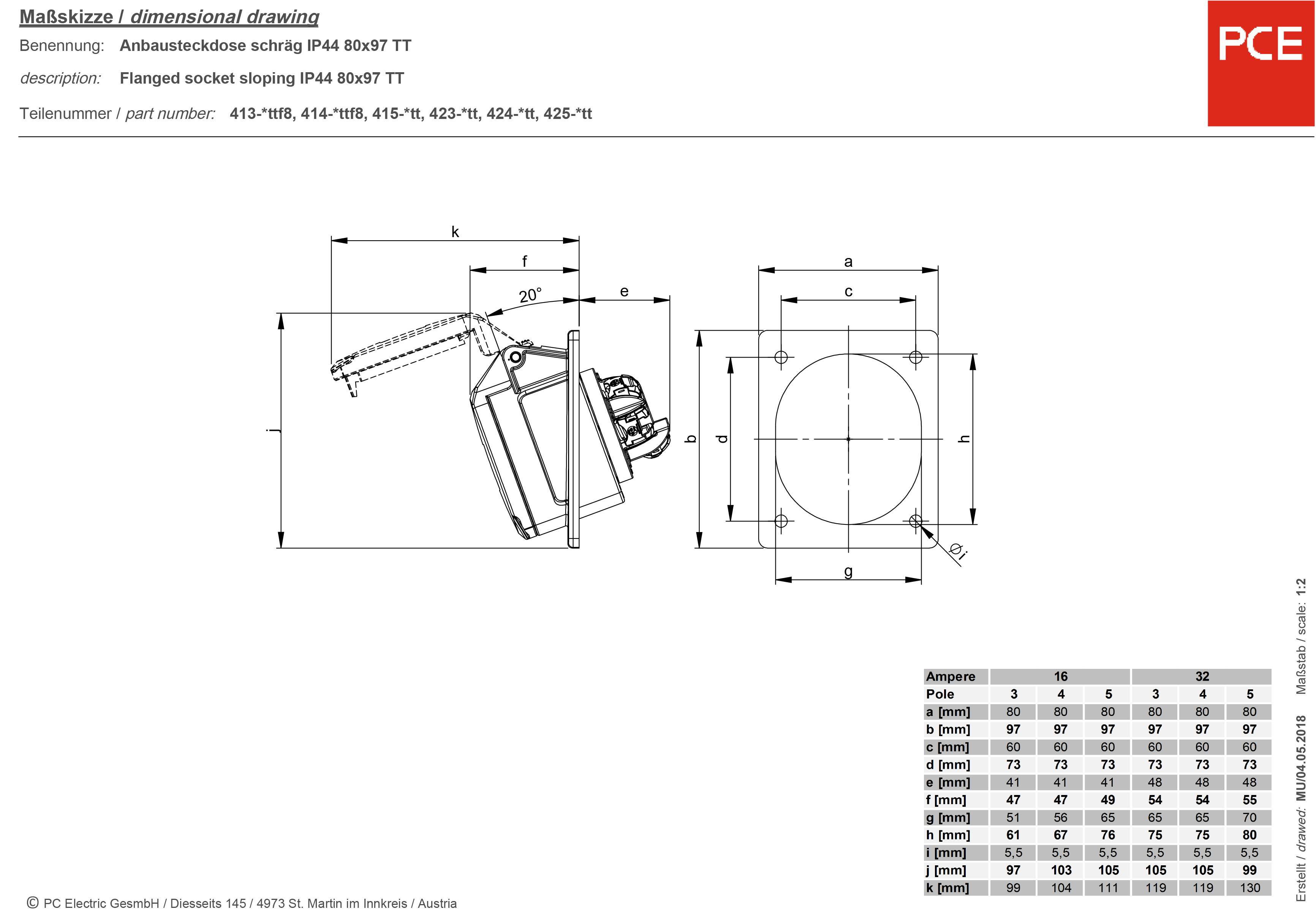 Dessin technique d'une prise d'angle IP44 90x87 TT. Comprend les dimensions et un tableau de spécifications.