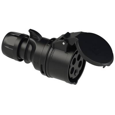 Adaptateur noir et rond avec un couvercle rabattable révélant plusieurs ouvertures de connexion. Élément d'outillage pour la liaison de câbles.