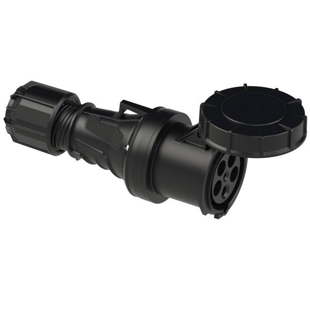 Connecteur cylindrique noir avec des emplacements ronds et un couvercle amovible, adapté aux connexions électriques industrielles.