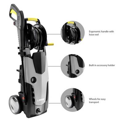Nettoyeur haute pression avec poignée ergonomique, support d'accessoires intégré et roues pour un transport facile.