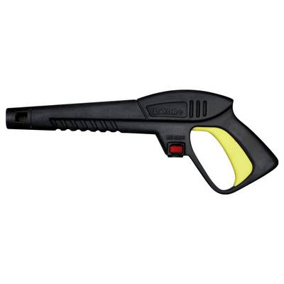 Pistolet de nettoyeur haute pression en plastique noir avec poignée jaune et bouton rouge. Marque Lavor.