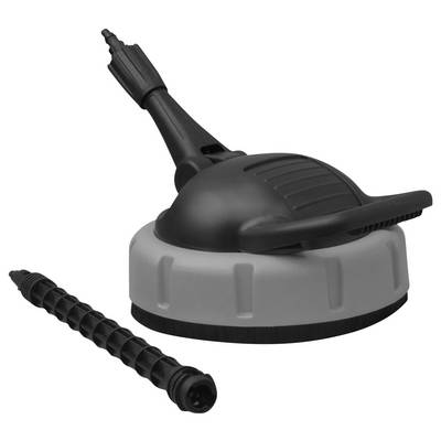Nettoyeur de surface à tête de brosse ronde et poignée, adapté pour une utilisation avec des nettoyeurs haute pression, livré avec une perche d'extension.