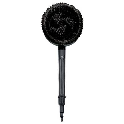 Une brosse de nettoyage ronde, noire, avec une longue poignée rainurée, adaptée à l'entretien automobile.