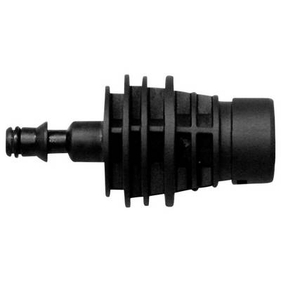 Composant en plastique noir avec plusieurs nervures, qui pourrait appartenir à un système de tuyauterie. Il présente une extrémité semblable à un tuyau.