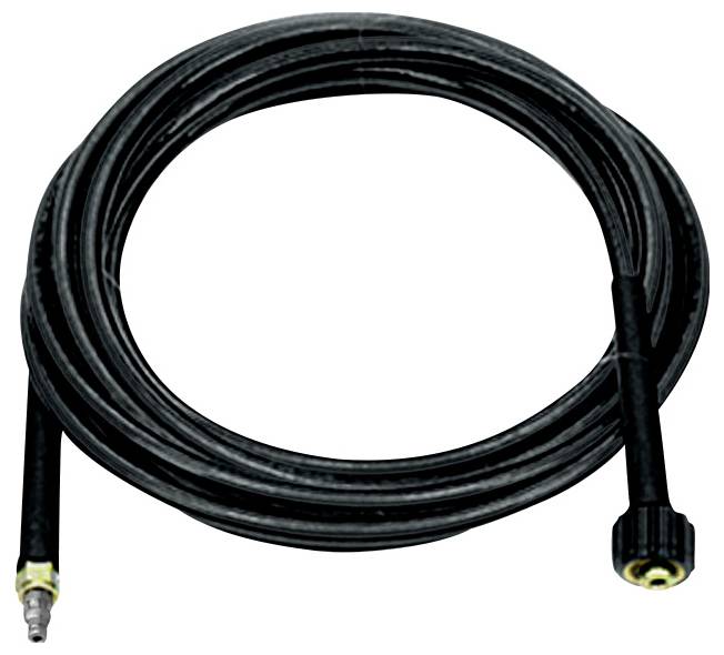 Un long tuyau de haute pression noir avec des raccords métalliques et en plastique à ses extrémités, probablement destiné aux systèmes de distribution d'eau sous pression.
